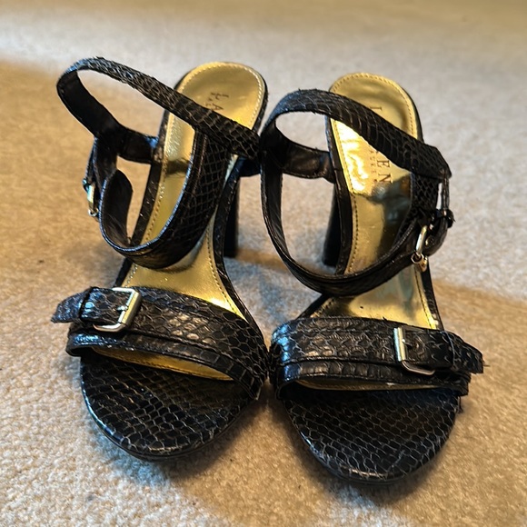 Ralph Lauren Shoes - Ralph Lauren, black snake skin appearance Strappy heels, size 6.5.